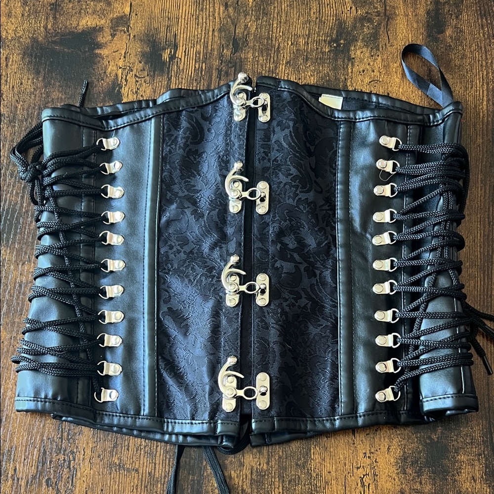 KIMRING Black Lace-Up Corset with Silver Hooks large